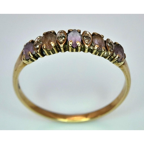 367 - A 9K GOLD RING WITH AMETHYST AND DIAMONDS .      1.5gms    size P