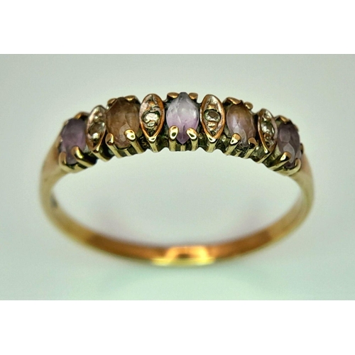 367 - A 9K GOLD RING WITH AMETHYST AND DIAMONDS .      1.5gms    size P