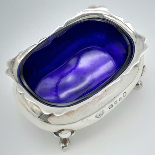 406 - Antique SILVER SALT DISH with Blue glass liner in perfect condition. Full hallmark for the Goldsmith... 