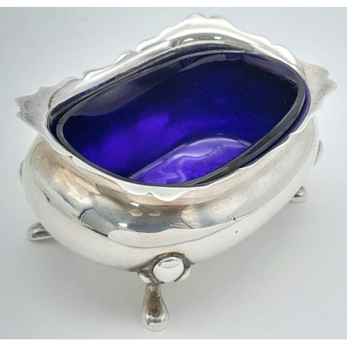 406 - Antique SILVER SALT DISH with Blue glass liner in perfect condition. Full hallmark for the Goldsmith... 