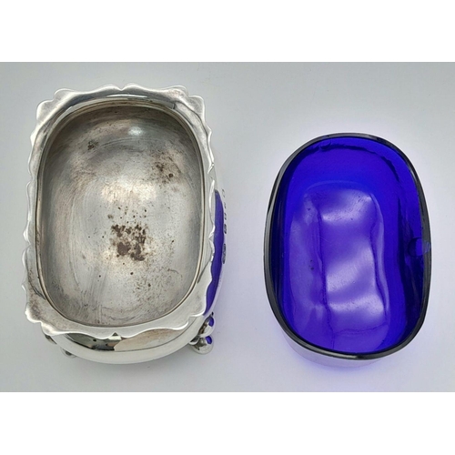 406 - Antique SILVER SALT DISH with Blue glass liner in perfect condition. Full hallmark for the Goldsmith... 