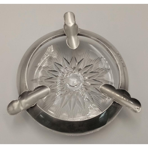 421 - Antique MAPPIN and WEBB CUT GLASS ASHTRAY having  SILVER COLLAR with Cigarette Rests. Clear Hallmark... 