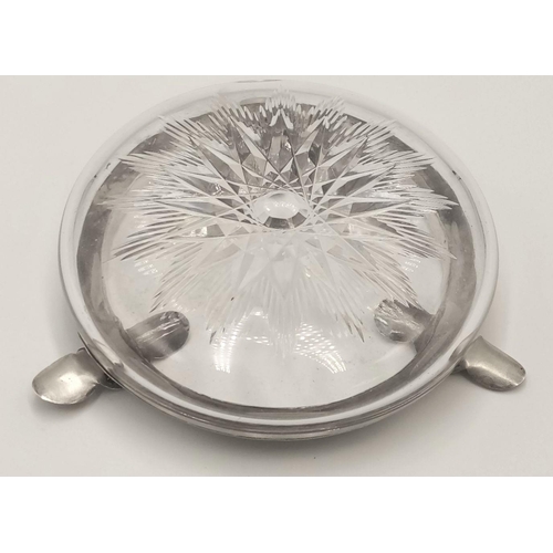 421 - Antique MAPPIN and WEBB CUT GLASS ASHTRAY having  SILVER COLLAR with Cigarette Rests. Clear Hallmark... 