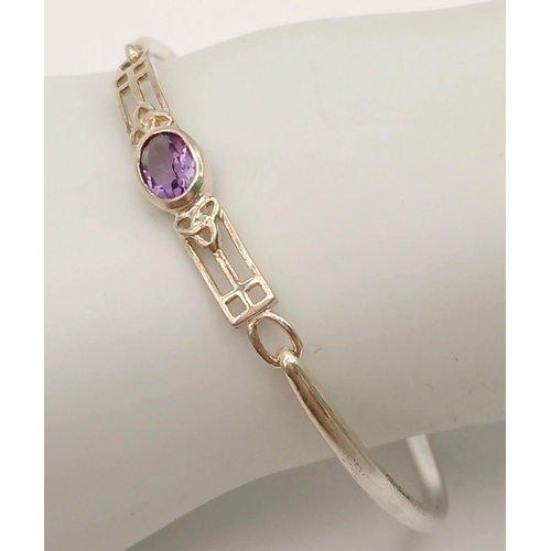 746 - A Vintage Sterling Silver Rennie Mackintosh Design Amethyst Set Celtic Bracelet. 6.4cm Inner Width. ... 