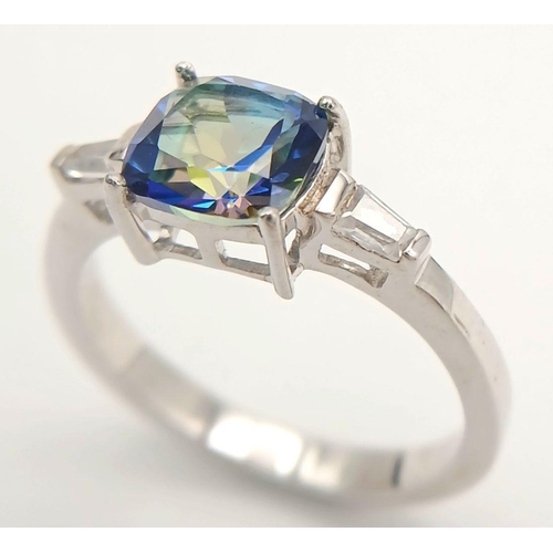 852 - A Sterling Silver Blue and White Sapphire Ring Size P. Set with a 6mm Cushion Cut Square Blue Sapphi... 