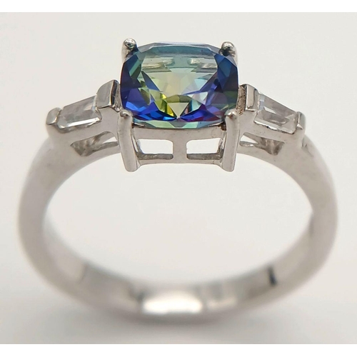 852 - A Sterling Silver Blue and White Sapphire Ring Size P. Set with a 6mm Cushion Cut Square Blue Sapphi... 