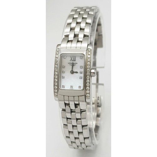 93 - A Longines Ladies Diamond Quartz Watch. Stainless steel bracelet and case - 16mm width. Diamond beze... 