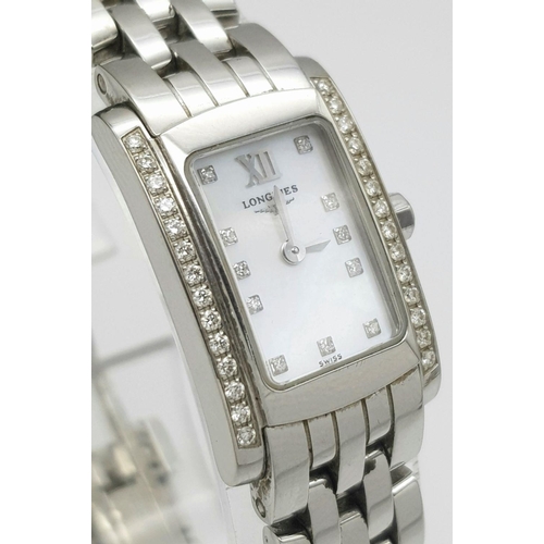 93 - A Longines Ladies Diamond Quartz Watch. Stainless steel bracelet and case - 16mm width. Diamond beze... 