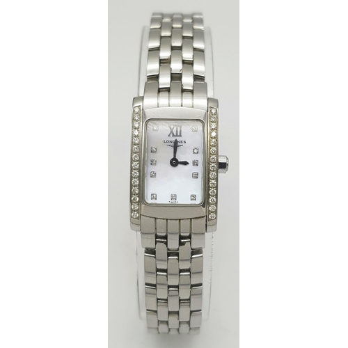 93 - A Longines Ladies Diamond Quartz Watch. Stainless steel bracelet and case - 16mm width. Diamond beze... 