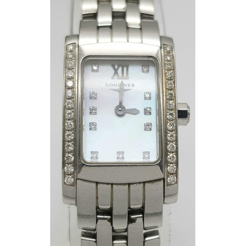 93 - A Longines Ladies Diamond Quartz Watch. Stainless steel bracelet and case - 16mm width. Diamond beze... 