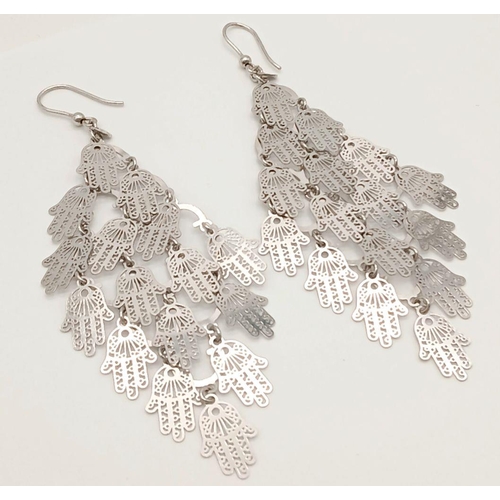 945 - A STERLING SILVER FANCY CHANDELIER DROP EARRINGS HAMSA HANDS DESIGN 11.1G. Ref: H 5010