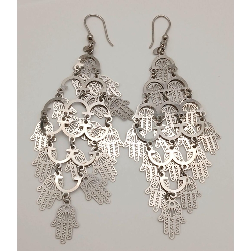 945 - A STERLING SILVER FANCY CHANDELIER DROP EARRINGS HAMSA HANDS DESIGN 11.1G. Ref: H 5010