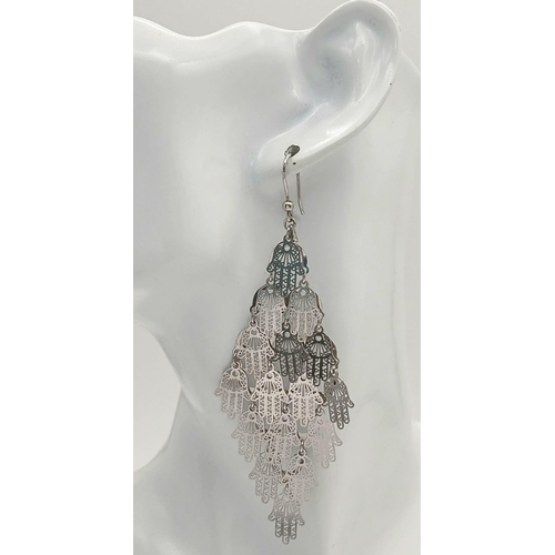 945 - A STERLING SILVER FANCY CHANDELIER DROP EARRINGS HAMSA HANDS DESIGN 11.1G. Ref: H 5010