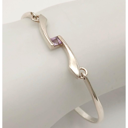 949 - A Modernist Celtic Design Sterling Silver Amethyst Set Bracelet by the Renown Silversmith Kit Heath.... 