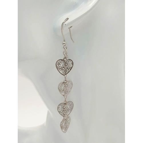 980 - A STERLING SILVER FILIGREE HEART DROP EARRINGS 3.5G. Ref: H 5012