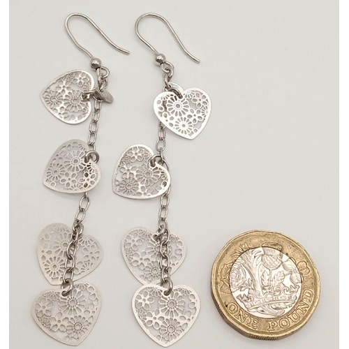 980 - A STERLING SILVER FILIGREE HEART DROP EARRINGS 3.5G. Ref: H 5012