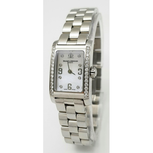 162 - A Baume and Mercier Diamond Ladies Watch. Stainless steel bracelet and case - 17mm width. Diamond be... 