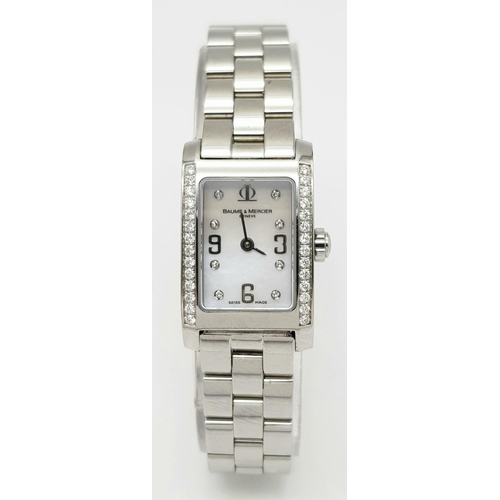 162 - A Baume and Mercier Diamond Ladies Watch. Stainless steel bracelet and case - 17mm width. Diamond be... 