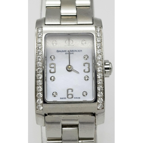 162 - A Baume and Mercier Diamond Ladies Watch. Stainless steel bracelet and case - 17mm width. Diamond be... 