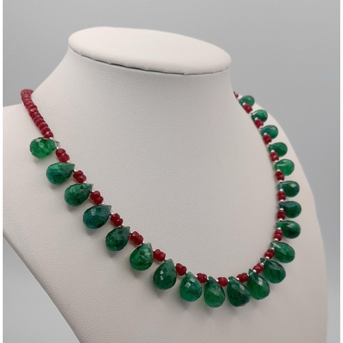 621 - A 925 silver necklace with 170ct ruby and emerald gemstone drops and silver clasp. Ref: CD - 1576.