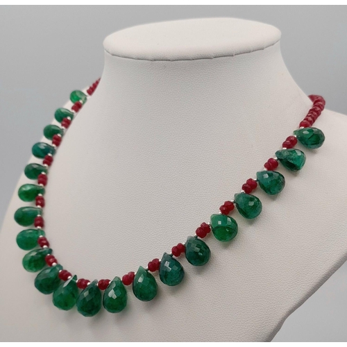 621 - A 925 silver necklace with 170ct ruby and emerald gemstone drops and silver clasp. Ref: CD - 1576.