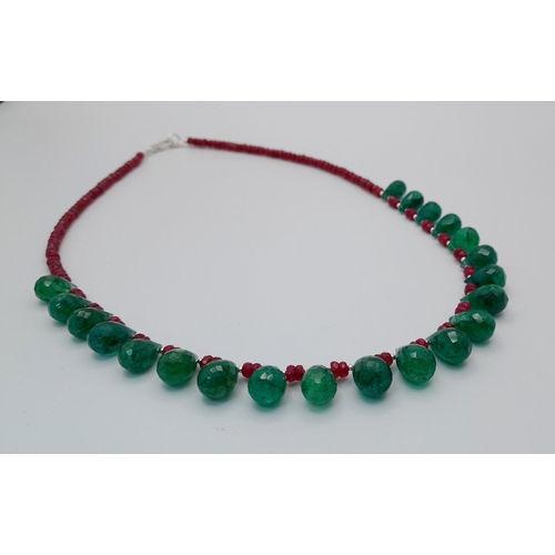 621 - A 925 silver necklace with 170ct ruby and emerald gemstone drops and silver clasp. Ref: CD - 1576.