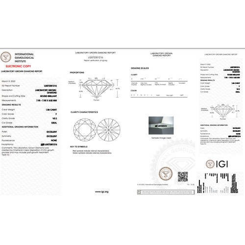 274 - 1.86CT ROUND SHAPED LAB-GROWN DIAMOND, COLOUR F, CLARITY VS2. COMES WITH IGI CERTIFICATE. MEASUREMEN... 