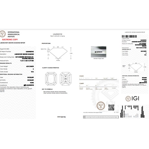 457 - 4CT RADIANT SHAPED LAB-GROWN DIAMOND, COLOUR E, CLARITY VS2. COMES WITH IGI CERTIFICATE. MEASUREMENT... 