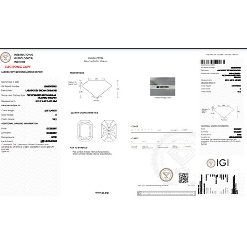 464 - 2.03CT RADIANT SHAPED LAB-GROWN DIAMOND, COLOUR E, CLARITY VS2. COMES WITH IGI CERTIFICATE. MEASUREM... 