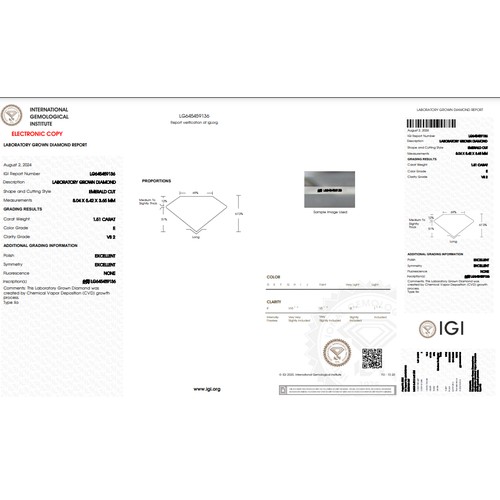 766 - 1.51CT EMERALD SHAPED LAB-GROWN DIAMOND, COLOUR E, CLARITY VS2. COMES WITH IGI CERTIFICATE. MEASUREM... 