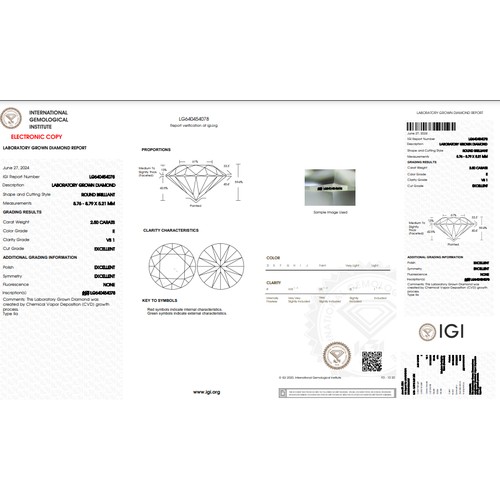 773 - 2.5CT ROUND SHAPED LAB-GROWN DIAMOND, COLOUR E, CLARITY VS1. COMES WITH IGI CERTIFICATE. MEASUREMENT... 