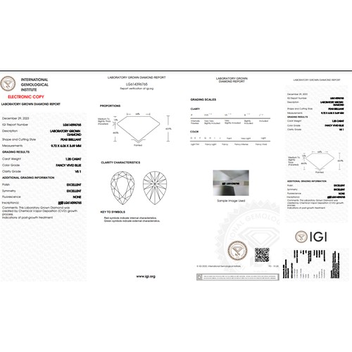 541 - 1.25CT PEAR SHAPED LAB-GROWN BLUE DIAMOND, COLOUR FANCY VIVID BLUE, CLARITY VS1.  COMES WITH IGI CER... 