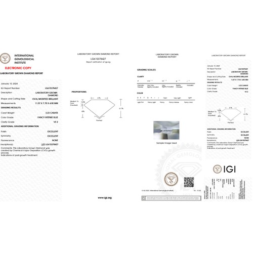 548 - 3.22CT OVAL SHAPED LAB-GROWN BLUE DIAMOND, COLOUR B, CLARITY VS2. COMES WITH IGI CERTIFICATE. MEASUR... 