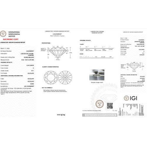 555 - 2CT ROUND SHAPED LAB-GROWN DIAMOND, COLOUR D, CLARITY VS1. COMES WITH IGI CERTIFICATE. MEASUREMENT 8... 
