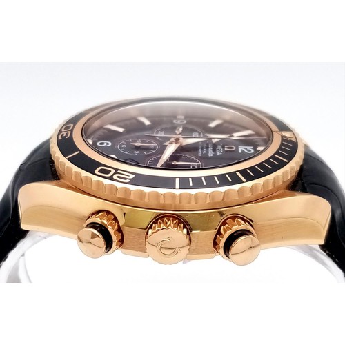 339 - An 18K Gold Omega Planet Ocean 600 Chronograph Automatic Gents Watch. Black leather/silicone strap w... 