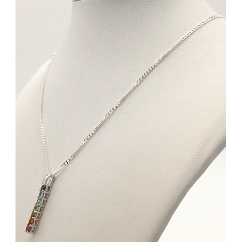 1020 - A Sterling Silver Multi-Gemstone Set Column Pendant Necklace-46cm Length Sterling Silver Curb Link C... 