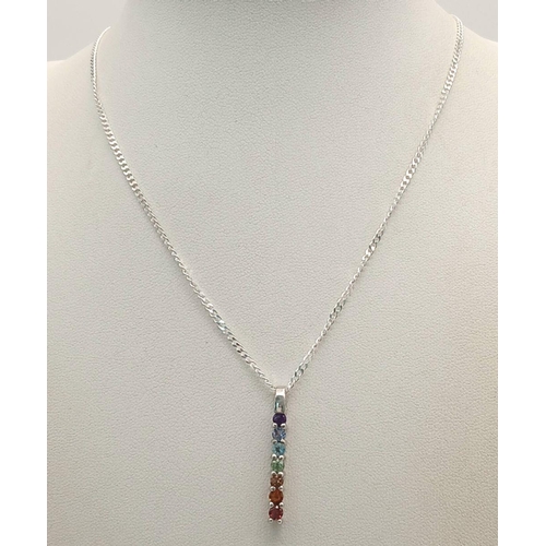 1020 - A Sterling Silver Multi-Gemstone Set Column Pendant Necklace-46cm Length Sterling Silver Curb Link C... 