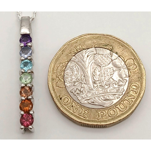 1020 - A Sterling Silver Multi-Gemstone Set Column Pendant Necklace-46cm Length Sterling Silver Curb Link C... 