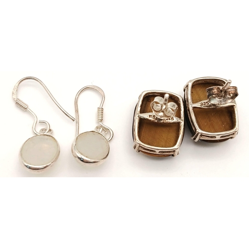 1105 - Two Pairs on Vintage Sterling Silver Earrings Comprising; 1) Faceted Tigers Eye Set Rectangle Stud E... 