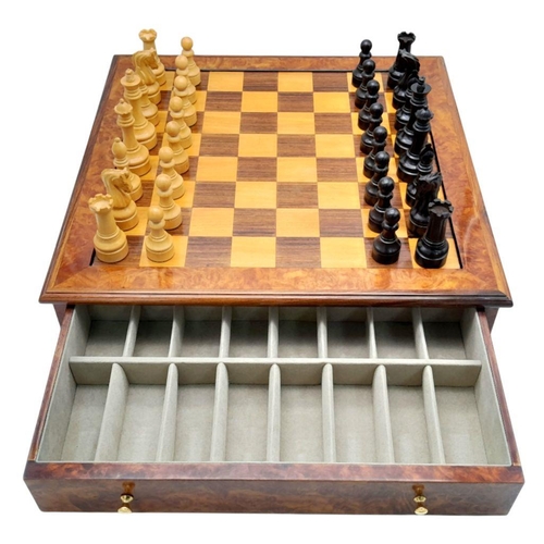 1157 - A SOLID MAPLE WALNUT CHESS BOARD WITH DRAWERS EITHER SIDE AND CARVED WOODEN WEIGHTED CHESS PIECES , ... 