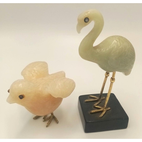 649 - Two Vintage Hand-Carved Hard Stone Bird Figures. A green flamingo - 11cm and a white chick - 6cm. Bo... 