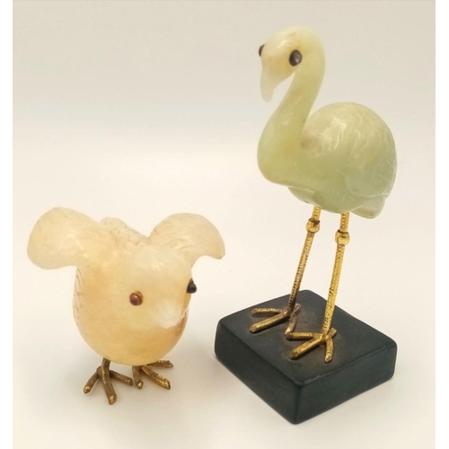 649 - Two Vintage Hand-Carved Hard Stone Bird Figures. A green flamingo - 11cm and a white chick - 6cm. Bo... 