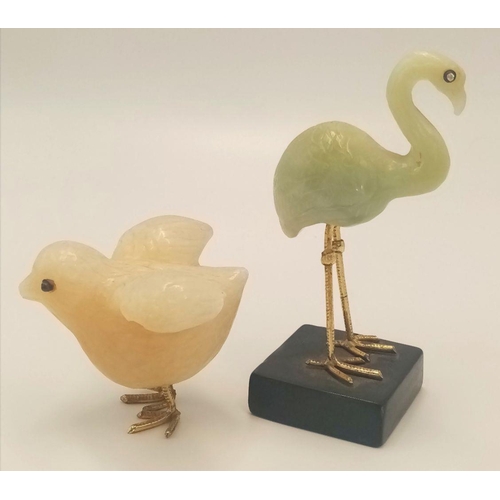 649 - Two Vintage Hand-Carved Hard Stone Bird Figures. A green flamingo - 11cm and a white chick - 6cm. Bo... 