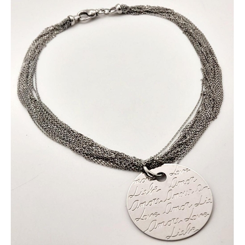 655 - A STERLING SILVER MULTI STRAND NECKLACE WITH PENDANT ENGRAVED WITH THE WORD LOVE IN MANY LANGUAGES 3... 