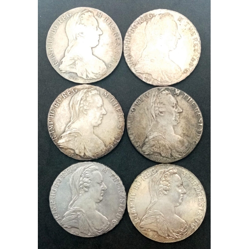 893 - Six Austrian 1780 Maria Theresa Thaler Silver Coins. 167g total weight. Different grades.