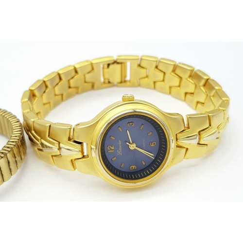 894 - Three Ladies Gold Tone Dress Quartz Watches Comprising; 1) A Blue Face Watch by Laurier- 26mm Case. ... 