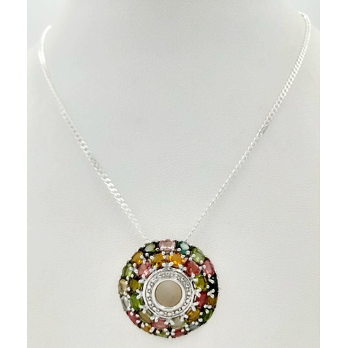 992 - An Aztec Design, Sterling Silver, Mult-Gemstone Set Pendant Necklace. 46cm Length Sterling Silver Cu... 