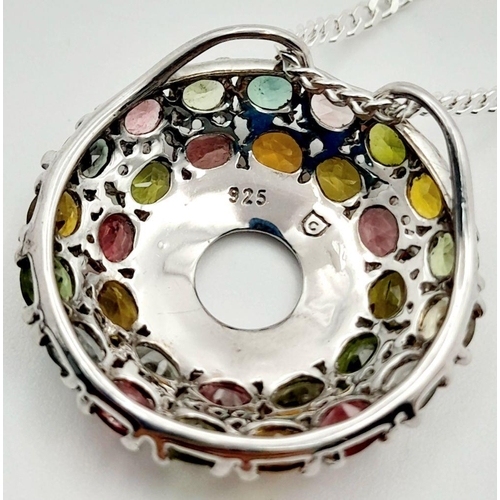 992 - An Aztec Design, Sterling Silver, Mult-Gemstone Set Pendant Necklace. 46cm Length Sterling Silver Cu... 