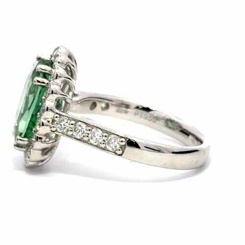 638 - A Platinum MINT TOURMALINE and DIAMOND Cluster Ring. 3.52ct claw set oval shape Mint Tourmaline cent... 