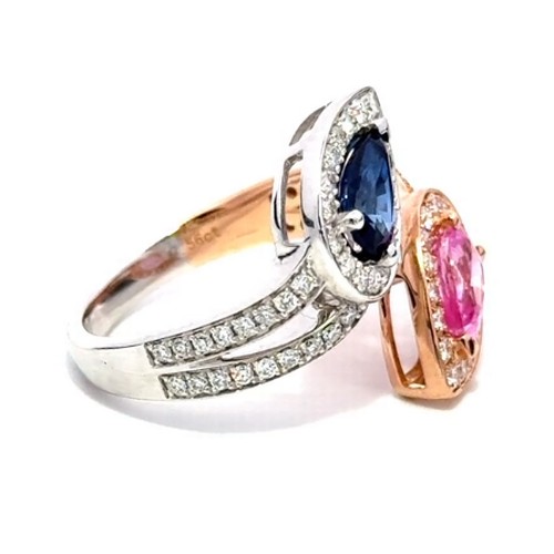 758 - A Rose & White 18K Gold BLUE SAPPHIRE, PINK SAPPHIRE, and DIAMOND Cluster Ring. 0.79ct claw set oval... 